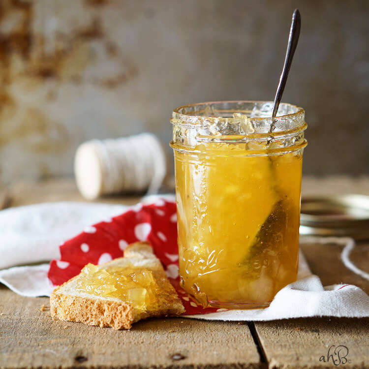 Spoon in pineapple jam jar