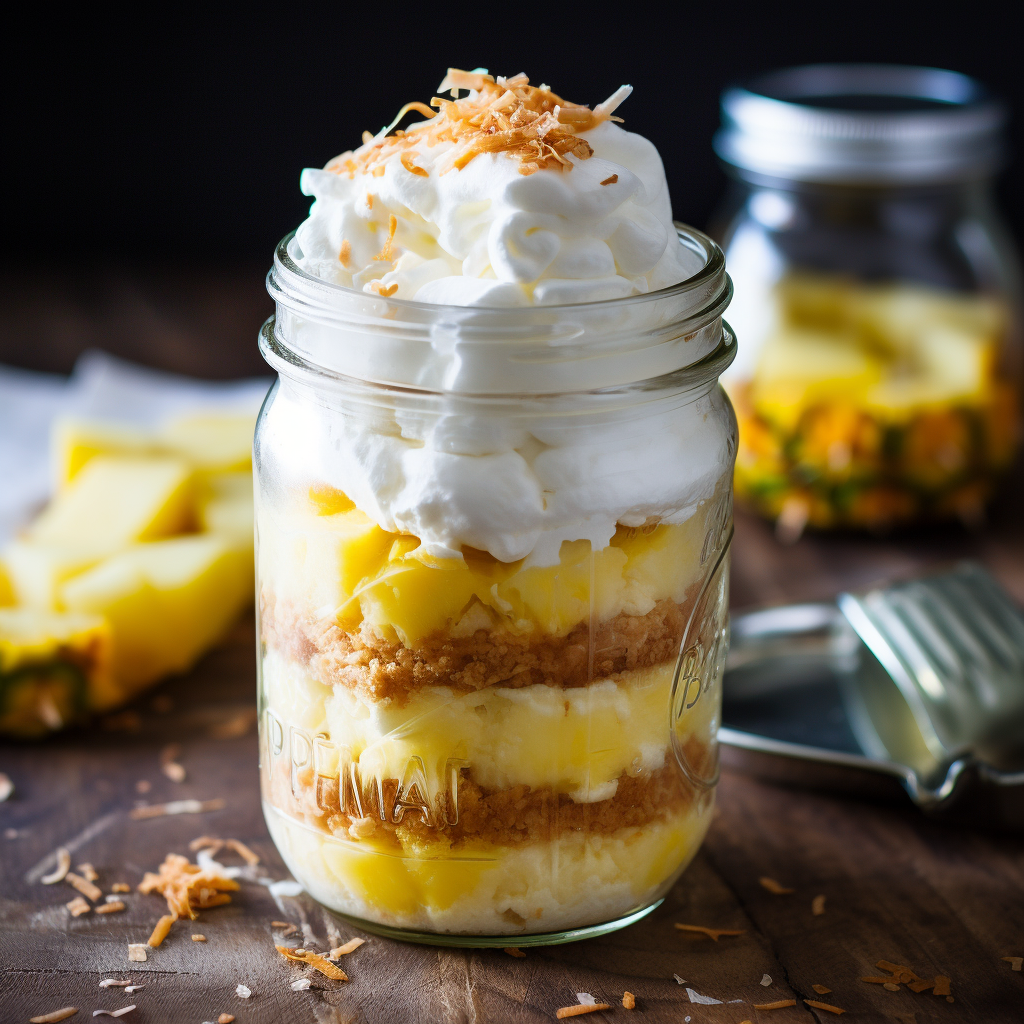 Piña Colada Pie in a Mason Jar with Coconut Flakes on top