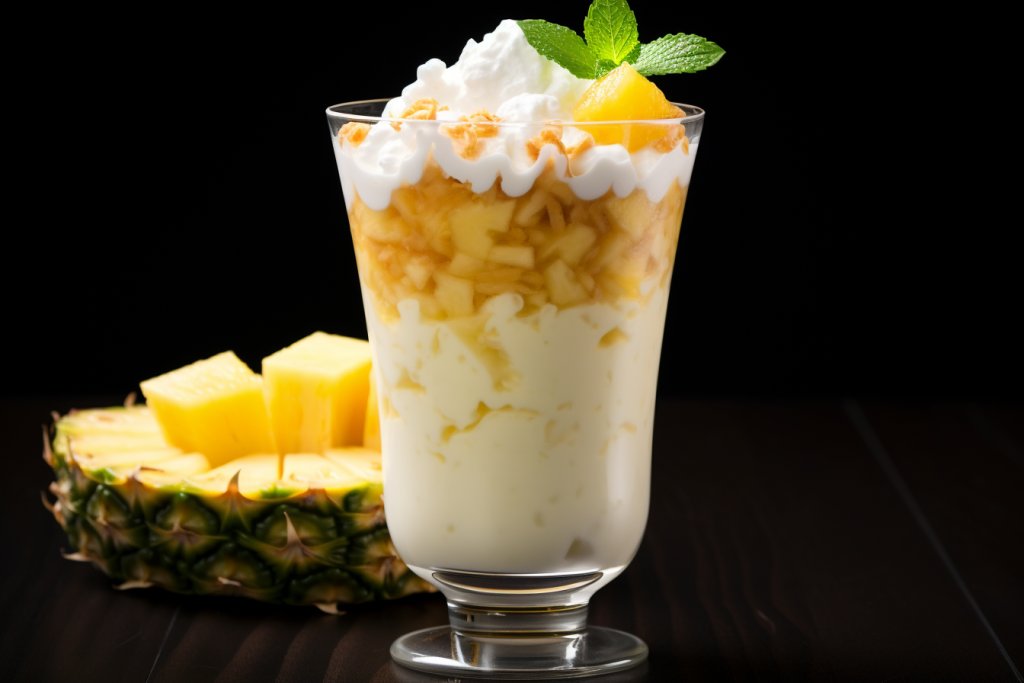 Pineapple parfait, coconut creme and whipped cream in a glass with chunks of pineapple in the background.