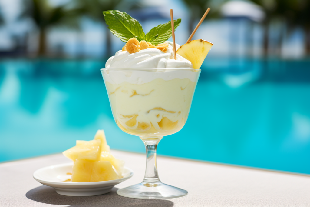 Pineapple parfait in a tall glass by a pool