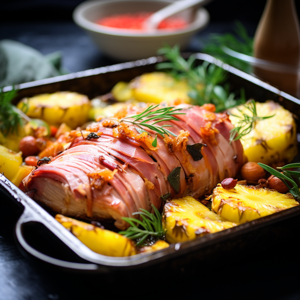 Pineapple ham cooked in a pan with fruit and nut garnishes